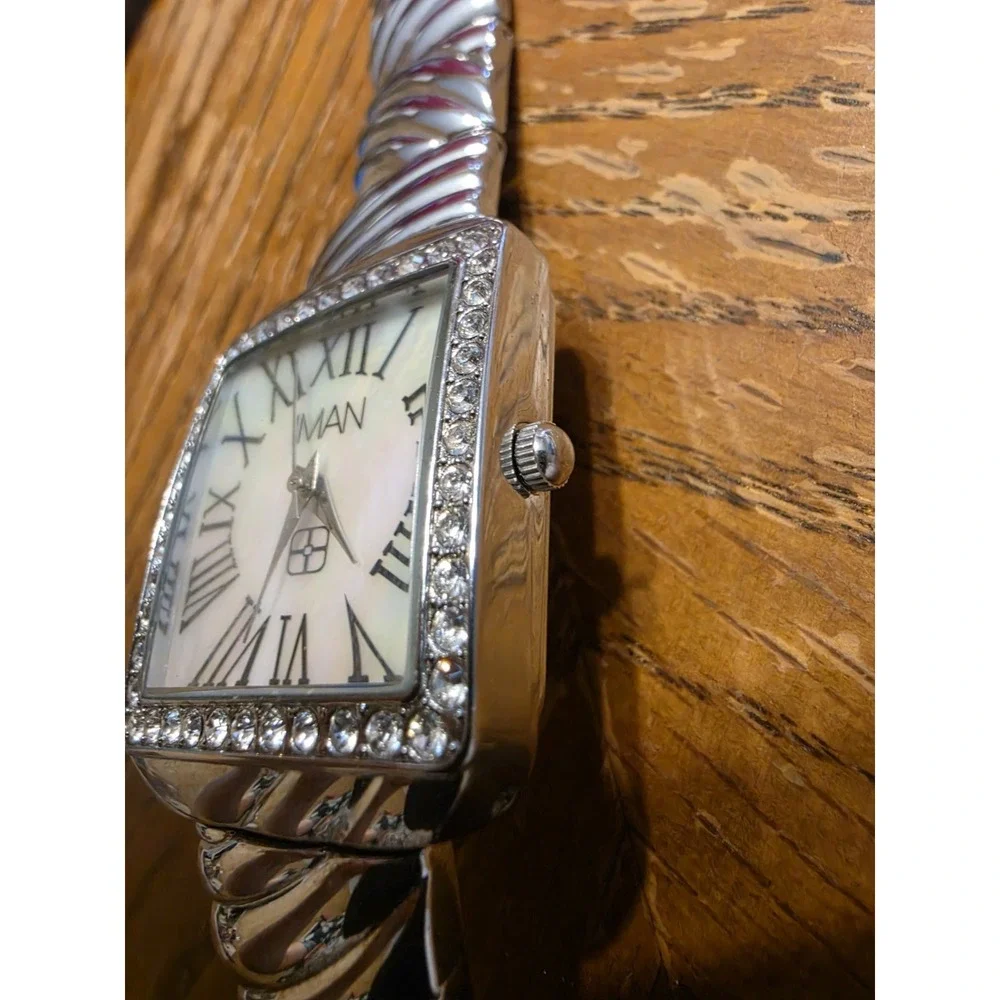 IMAN Silver Tone Rhinestone Women's Fasion Statement Dress Watch MoP Face NEW...